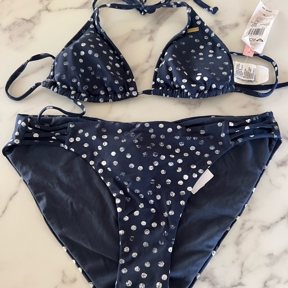 Roxy bikini navy polka dot M top L bottom